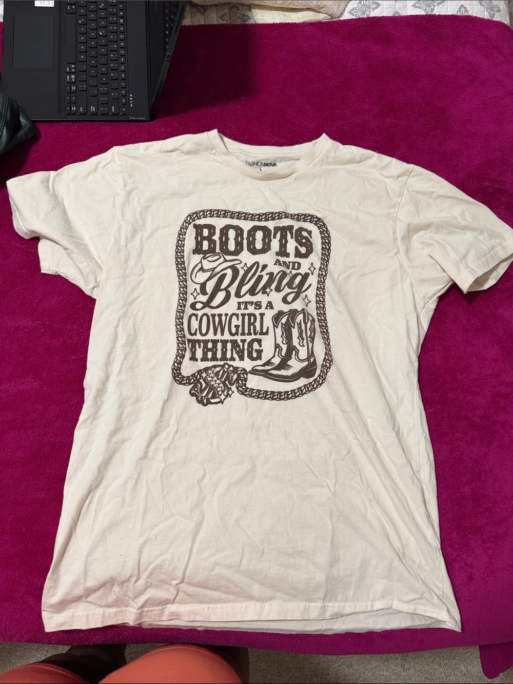 Fashion Nova Cream Graphic Tee with Brown Print - 'Boots and Bling'